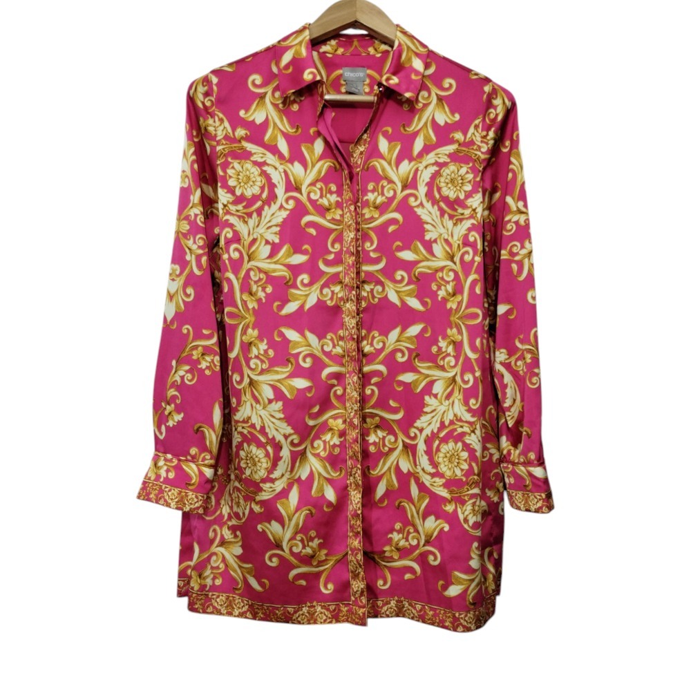 Chico's Women's Ornate Scroll-Print Long Sleeve Tunic Top Size 0 (4/6) Pink